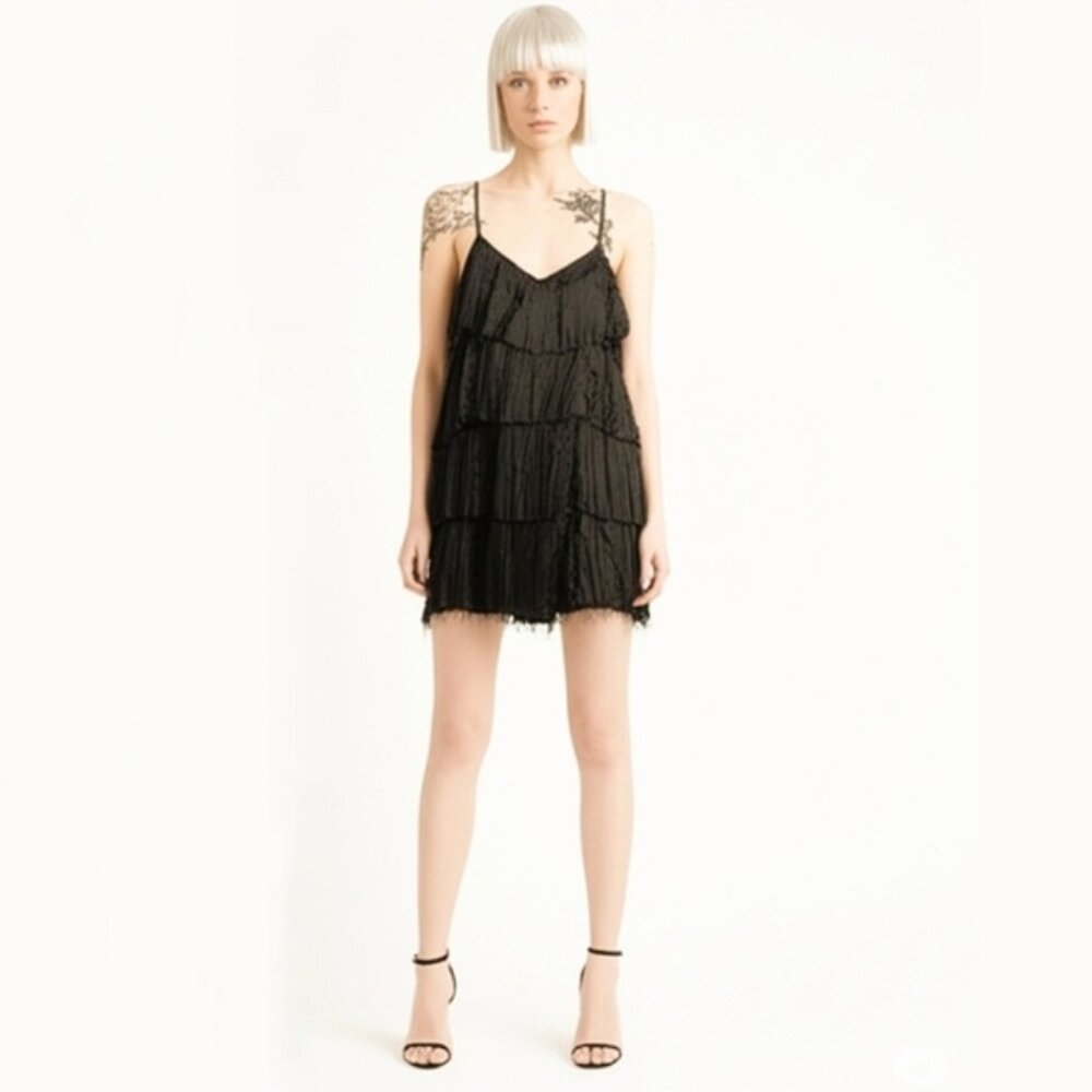 Waverly Grey Mel Mini Party 20s Dress V-Neck Fringed Tiers A-Line Black Lbd Sz M View 2
